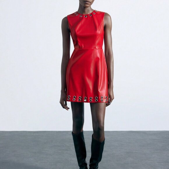 Red Casual Women's Party Dress with Eyelet Decor - Picture 1 of 7